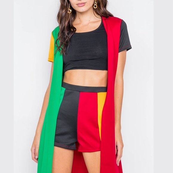 90's Girl Colorblock Short Sleeve Trench Coat and Shorts Set - Picture 3 of 6